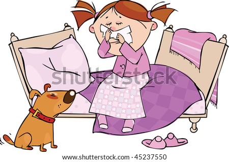 stock vector : Little girl sneezing in the handkerchief