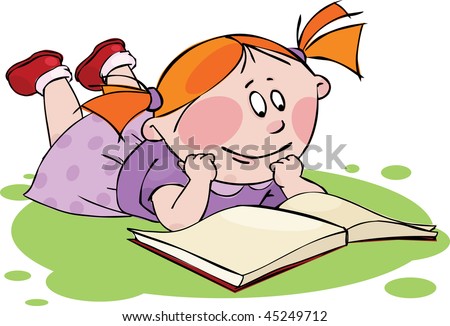 cartoon girl reading book. Little girl reading a ook