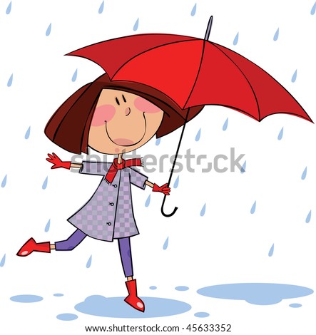 cartoon girl walking in rain. stock vector : Little girl
