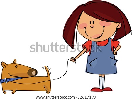stock vector : Little girl and a dog walking