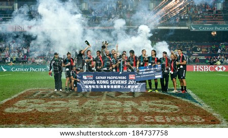Hong Kong, 30 Mar 14 -Â?Â? The team New Zealand celebrates after the winning the Cup Final during the Hong Kong Sevens 2014 at Hong Kong Stadium on 30 March 2014 in Hong Kong