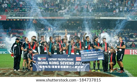 Hong Kong, 30 Mar 14 Ã¢Â?Â? The team New Zealand celebrates after the winning the Cup Final during the Hong Kong Sevens 2014 at Hong Kong Stadium on 30 March 2014 in Hong Kong