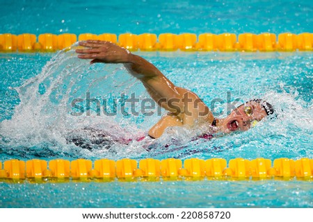 Hong Kong -30 September 2014: Katinka Hosszu of Hungary swims to win Women\'s 400 Individual Medley final during the FINA Swimming World Cup 2014 at Hong Kong on 30 Sep 2014