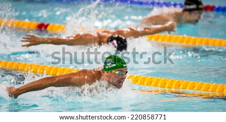 Hong Kong Ã¢Â?Â? 30 September 2014: Chad Le Clos of South Africa swims to win the MenÃ¢Â?Â?s 100M Butterfly final during the FINA Swimming World Cup 2014 at Hong Kong on 30 Sep 2014