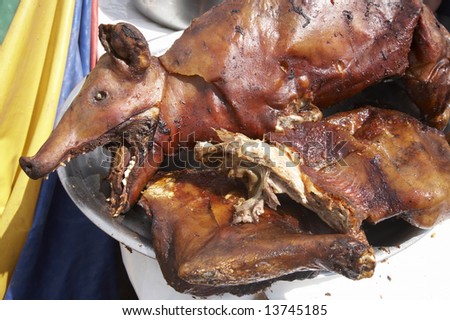 Lechon, or roasted suckling pig in Cusco, Peru.
