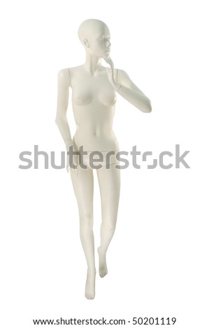 White female mannequin isolated on white background, from front, head turned to left, hand lifted to face, no make-up/clothes