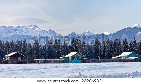 Country houses near spruce forest and snow-covered mountains