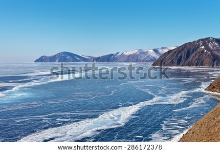 Top view of the frozen Lake Baikal and ice fields