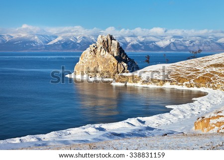 Baikal Lake in December. Shamanka Rock and Beach Bay in the snow