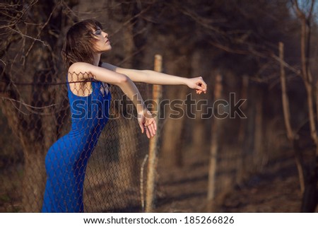 Beautiful girl in evening blue dress stands and looks over the fence.