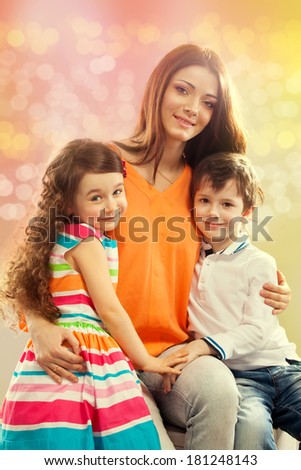Portrait of children with her mother. Spring, March 8, International Womens, Mothers day, holiday, happy family