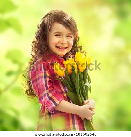 Smiling girl with big bouquet of flowers. Spring, Mothers day, family holiday, Happiness concept.