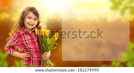 Smiling girl with big bouquet of flowers. Spring, Mothers day, family holiday, Happiness concept. Horizontal banner.