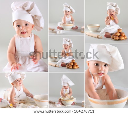 Happy cute little baby in a cook cap cooking buns. Collage