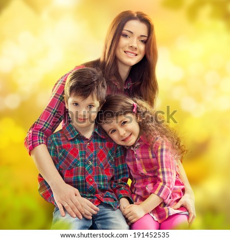 Portrait of children with her mother. Spring, March 8, International Womens, Mothers day, holiday, happy family
