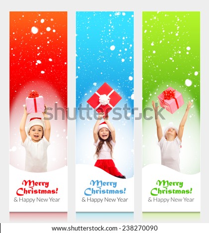 Happy little kids in Santa hat peeking from behind blank sign billboard. Vertical banner. Space for Your Text. Sale, holidays, christmas, new year, x-mas concept.