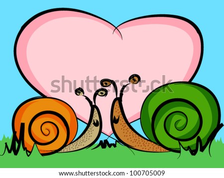 EPS 10: Funny cartoon snails in love with a big heart with room for your text, perfect valentine's day card or other celebration event.