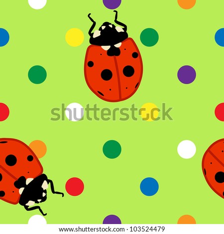 Seamless pattern of cute ladybugs over fun colorful polka dots and green background
