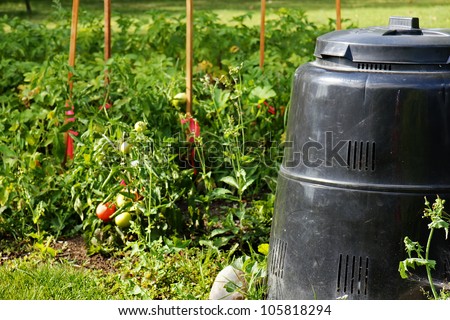 Compost bin made of recycled plastic next to beautiful vegetable garden with ripe tomatoes. Recycling, green, concept.