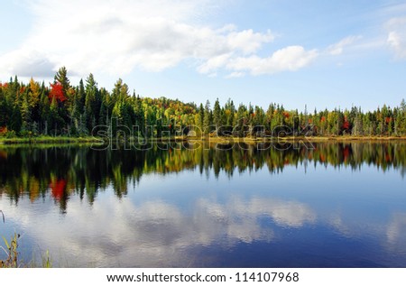 Beautiful sunny day during fall in Northern Canada forest with some red and orange maple trees reflected by a calm water lake.