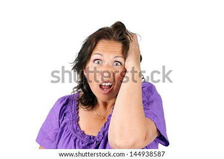 Middle age woman making funny face: stress, despair, shock or bad surprise.