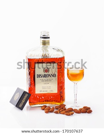CANADA, QUEBEC, JANUARY, 6, 2014: DiSaronno Amaretto liquor is an imported almond flavored alcohol from Italy.