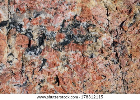 Geology background: red or pink granite with white quartz and black mica inclusions