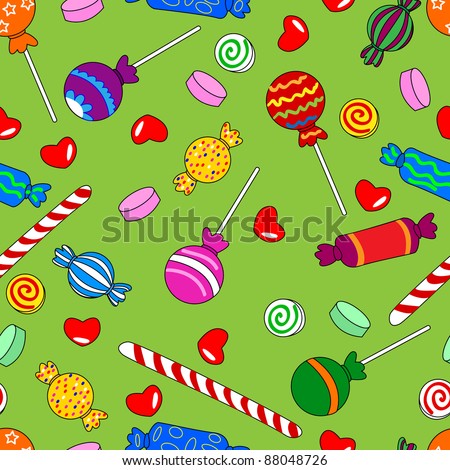 Fun seamless pattern made of all kinds of colorful candy including lollipops.