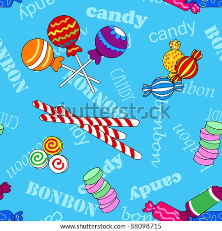 Fun seamless pattern made of all kinds of colorful candy including lollipops over blue background with candy and bonbon text.