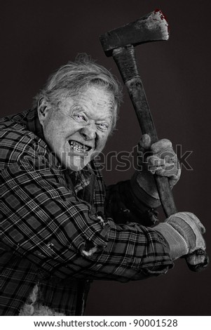 Very scary crazy old man with axe, great details, almost completely black and white except for eyes and blood on tool.