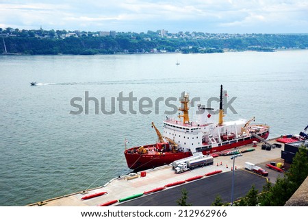 CANADA, QUEBEC CITY- JULY 20, 2014: Canadian coast guard Des Groseillers vessel on the St.Lawrence docked in Quebec city. The Coast guard is responsible for 2.3 million nautical miles2 (8 million km2)