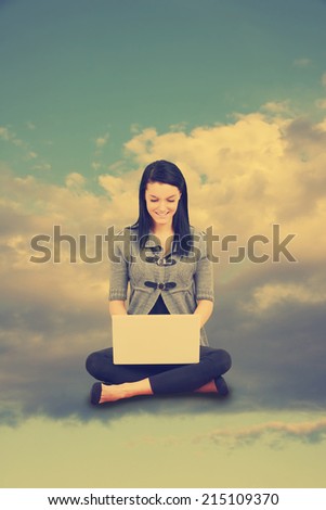 Computer cloud concept with young woman in the sky - instagram filter