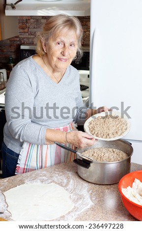 Senior woman or grandma preparing meat pie for the holidays in her kitchen