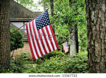 United States of America Flags Hanging from Houses