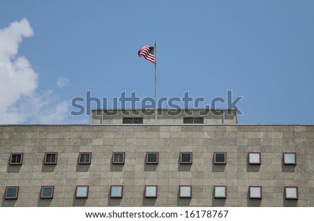 Flag Atop Houston Government Administrative Building(Release Information: Editorial Use Only. Use of this image in advertising or for promotional purposes is prohibited.)