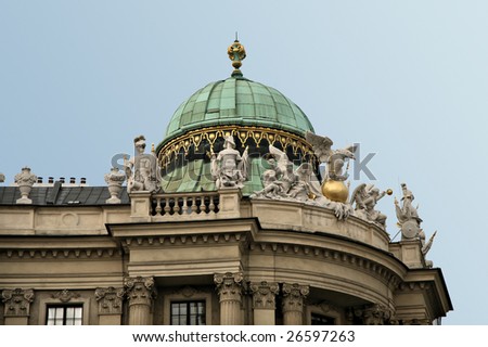 Classical Austrian Architecture with Green-Domed Cap and Ivory Statues(Release Information: Editorial Use Only. Use of this image in advertising or for promotional purposes is prohibited.)