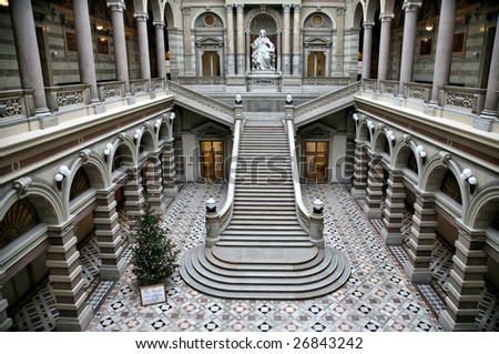 Editorial Use Only: Vienna Hall of Justice Interior with Statue of Lady Justice in Center