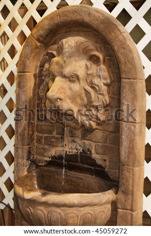 Granite Lion Dripping Water out of mouth in front of white painted lattice
