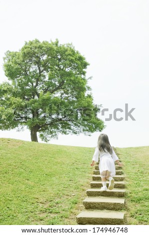 Rear View of the Japanese girl running up the stairs of the park