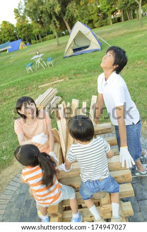 Japanese Family preparing for camp fire