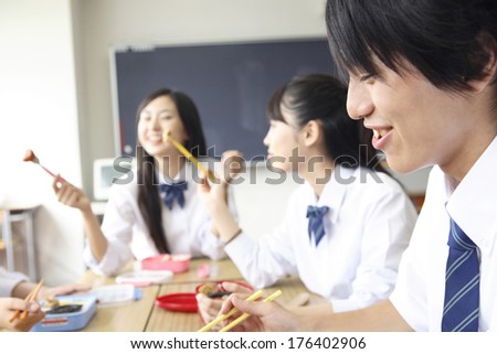 Japanese High students eating packed lunch