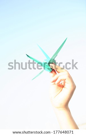 Hand of Japanese man with paper cranes