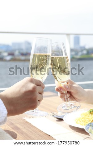 Hand of Japanese man and Japanese woman drinking a toast on the terrace