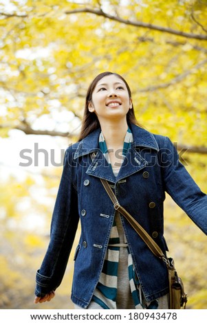 woman who walk on the street lined with the ginkgo tree
