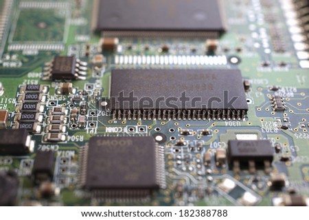 Close-up of microchips on a motherboard