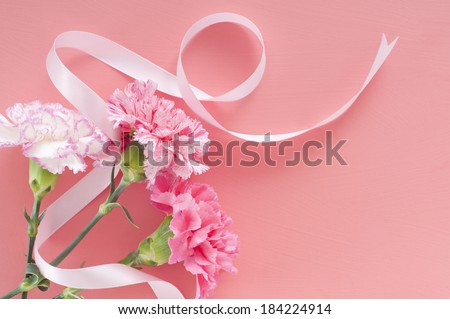 Three pink carnations and a pink ribbon on a pink background.