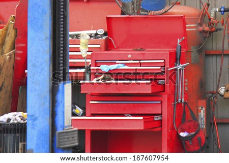 Red Tool box in the auto repair shop