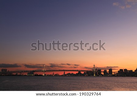 Port of Tokyo Rainbow Bridge sunset panorama