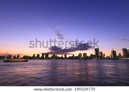 Port of Tokyo Rainbow Bridge sunset panorama