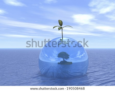 Green plant on water globe with tree and ocean, Eco concept